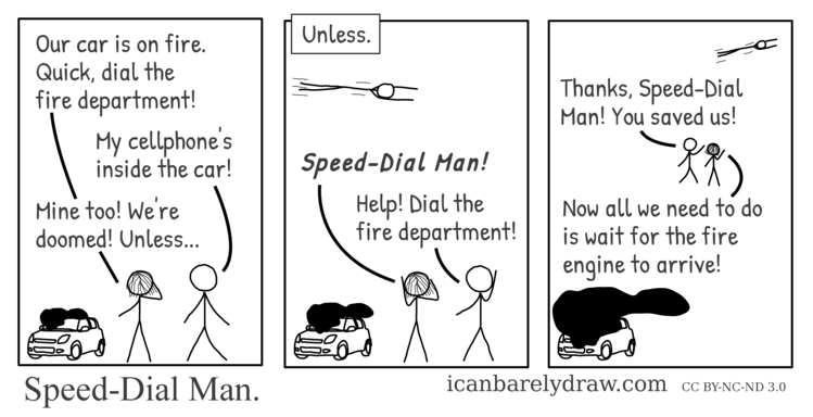 Speed-Dial Man. Smoke pours out of an automobile. Speed-Dial Man flies to the scene, dials the fire department, and departs, leaving the passengers to wait for the fire engine to arrive.