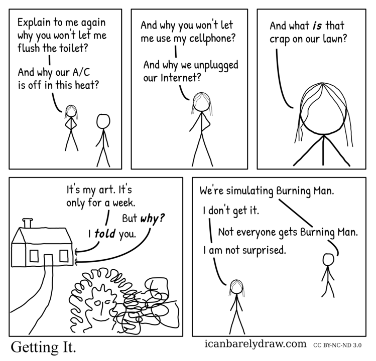 Getting It. A woman complains to a man about various inconveniences inside and outside their home. The man explains to her that they are simulating Burning Man.