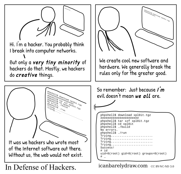 In Defense of Hackers. A hacker defends the good name of all hackers while he himself is seen breaking into a computer system.
