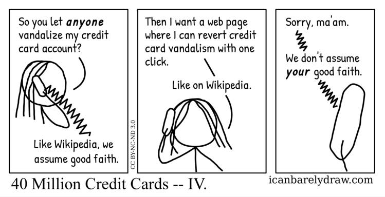 Voice on phone explains to woman that credit card vandalism is permitted because good faith is assumed. Woman wants Wikipedia-like page where she can revert vandalism with one click. Voice tells woman that her good faith is not assumed.