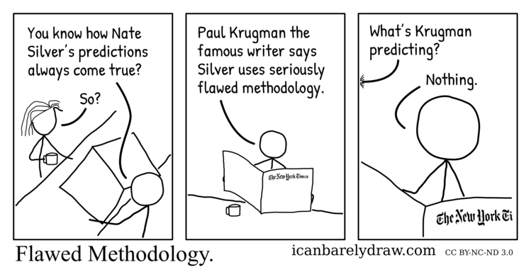 A man and a woman are engaged in conversation as follows. Nate Silver's predictions are always right. Paul Krugman writes in the New York Times that Silver's methodology is seriously flawed. Krugman predicts nothing.