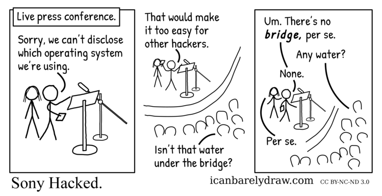 Man and woman at lectern refuse to specify the operating system they're using; asked if that isn't water under the bridge, they deny the existence of any bridge or water, per se.